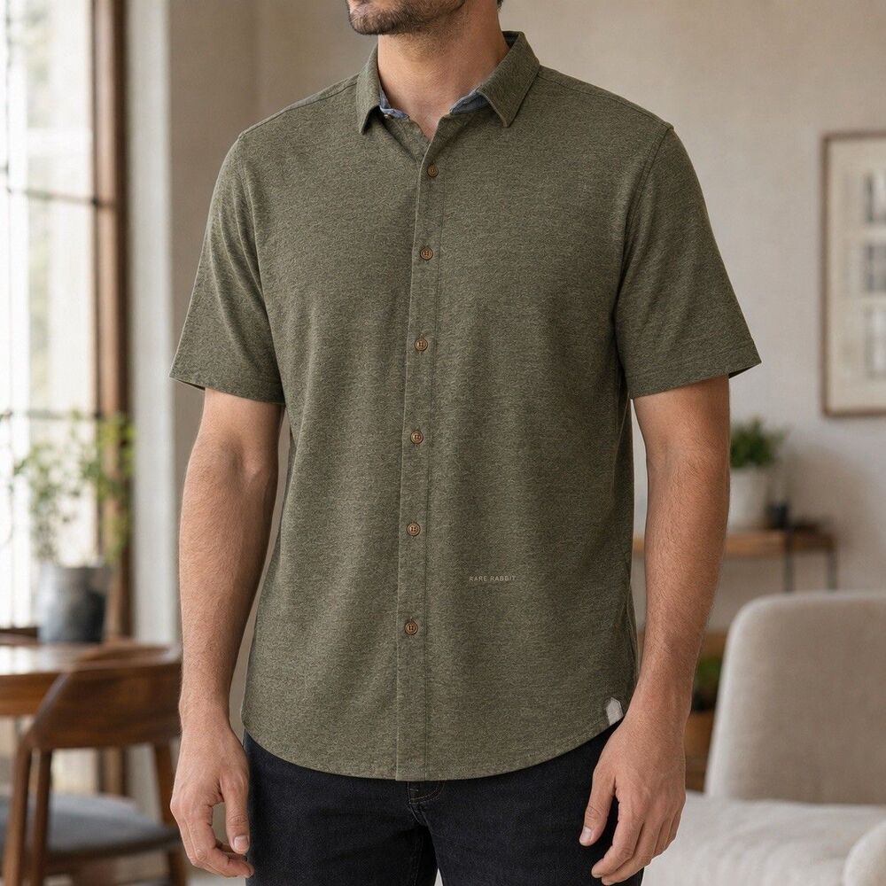 Rare Rabbit Miraj Men’s Large Olive Melange Short Sleeve Button Up Shirt